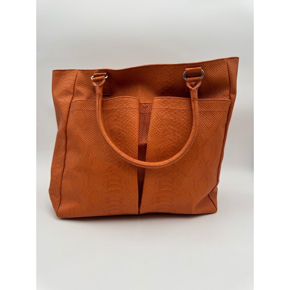 Neiman Marcus Tote Bag Womens Orange Textured Snakeskin Large Shoulder Carry